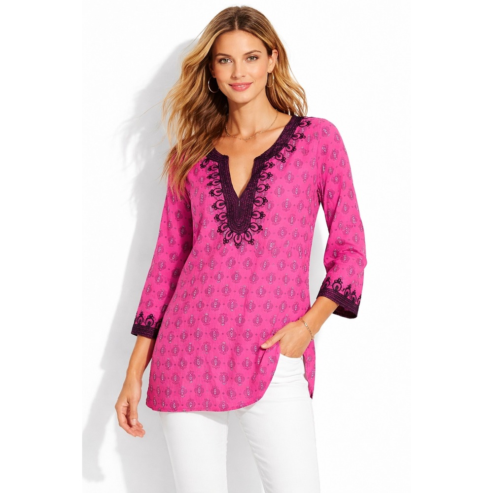 Calypso St Barth Tunic Top Womens Medium Pink Embroidered Cotton Boho Excellent